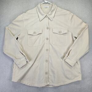 Good American Fleece Shacket Womens L/XL 3/4 Bone Casual Button Down Long Sleeve